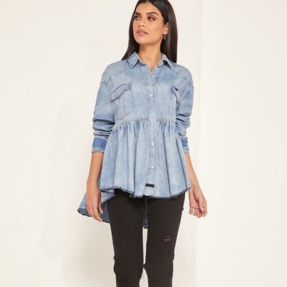 Free People Dylan Babydoll Shacket Snap Front High Low Hem Chambrey Size Sm NWT - Picture 8 of 16